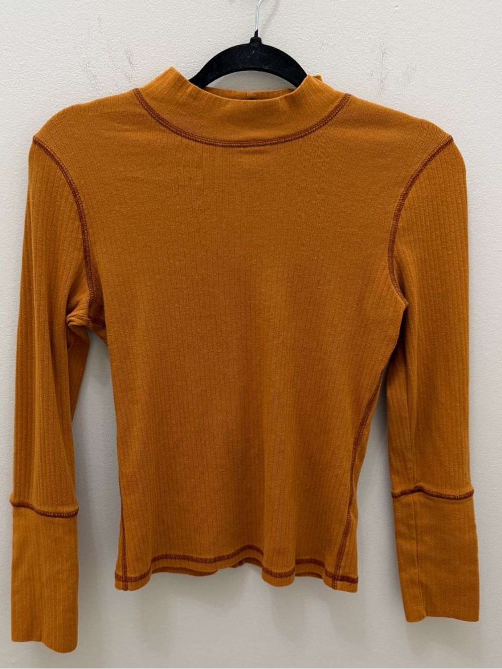 Free People Long-Sleeve Ribbed Mock Neck Top in Burnt Orange Size Medium